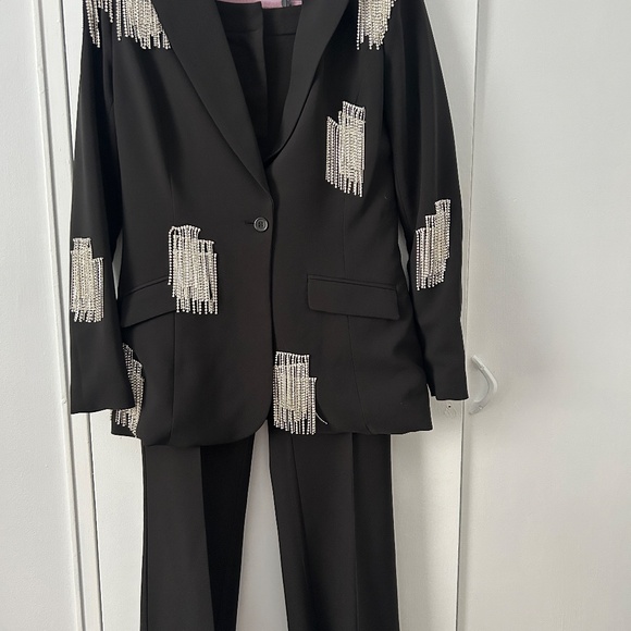 Black Fashion Nova Pants Suit with Rhinestone Fringe Trim Sz. M NWT - Picture 6 of 14
